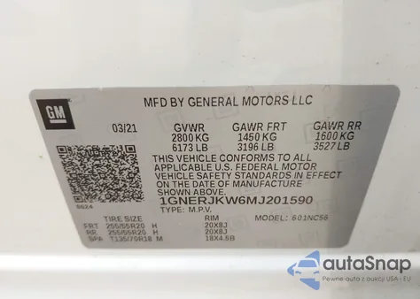 2021 Chevrolet Traverse Fwd Rs из США, поврежденный, VIN 1GNERJKW6MJ201590